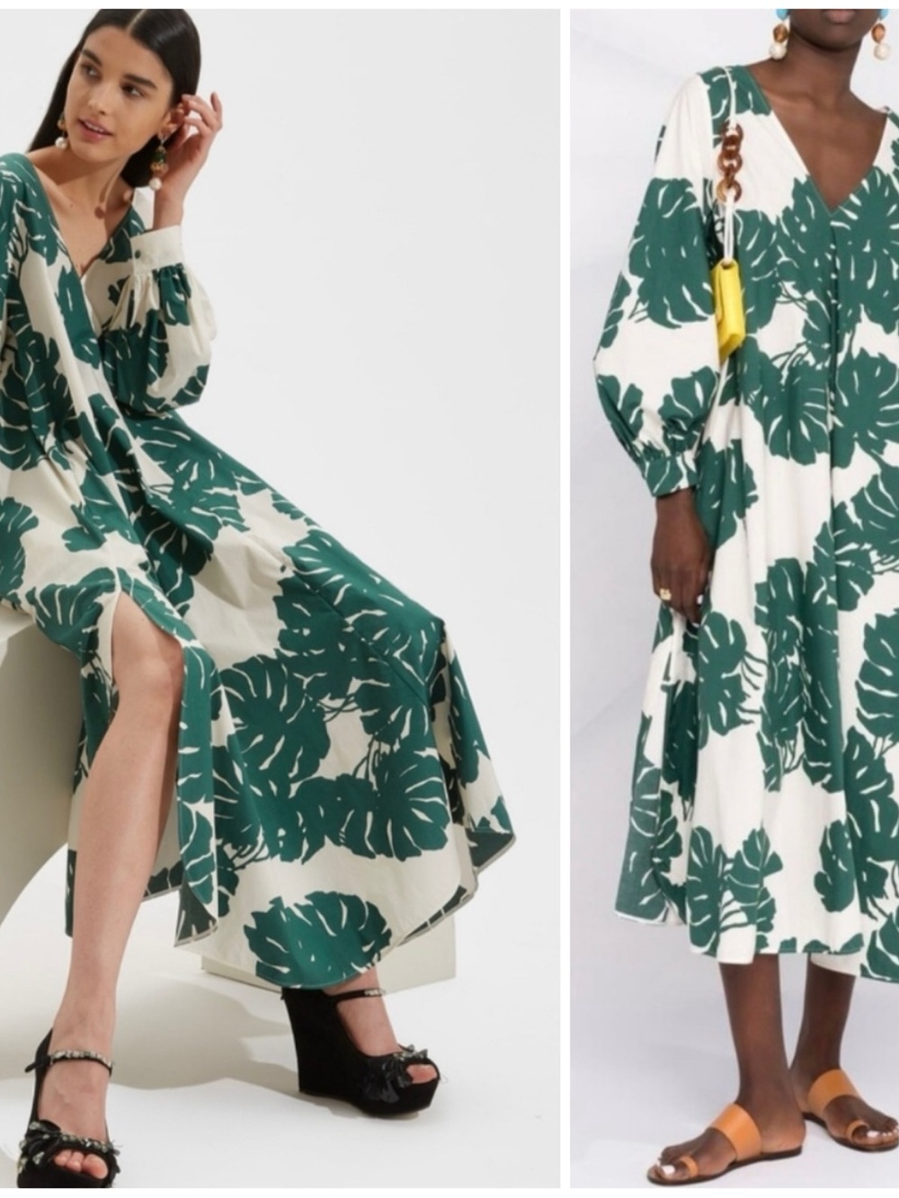 LA Doublej Bali Dress Monstera in Popeline Cotton Green and Off White Women’s XS